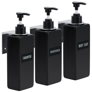 Диспенсер для рідкого мила Segbeauty Quadratisch 500 мл (4 шт.) + Тримач, Чорний - Набір для кухні та ванної (Шампунь, Гель для душу, Мило)