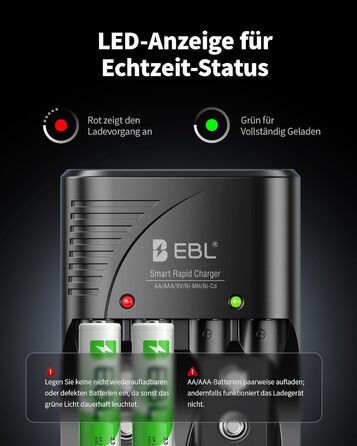 Зарядний пристрій для акумуляторів EBL AA AAA 9V NIMH з 4-ма відсіками, смарт-зарядка, LED-дисплей, швидка зарядка (з набором акумуляторів)
