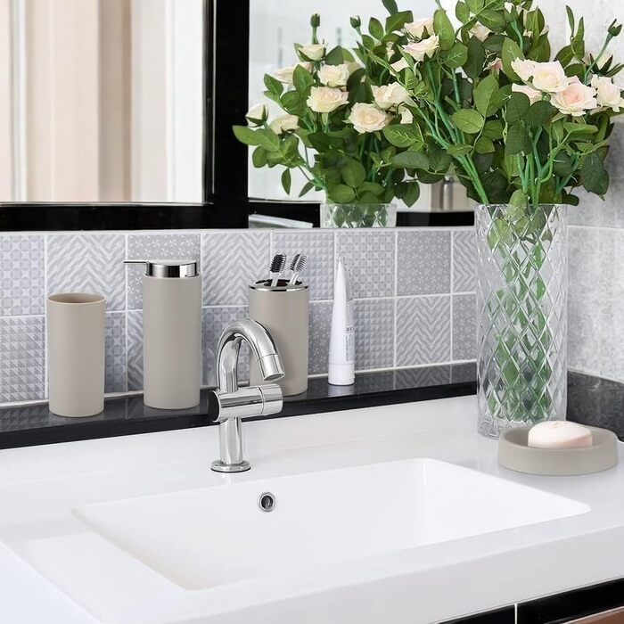 Набір аксесуарів для ванної кімнати 6tlg Badset: мильниця, стакан для зубних щіток, відро для косметики, щітка для унітазу з тримачем, мильниця, сміттєвий бак, тримач для зубних щіток, набір для ванної кімнати (бежевий дизайн 2a)