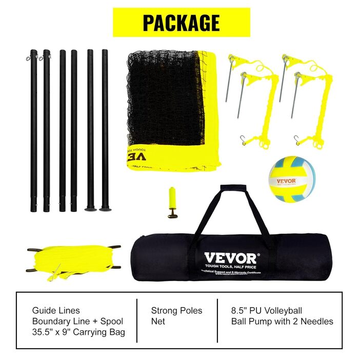 VEVOR Adjustable Height Volleyball Net Set - Portable Beach Volleyball Net for Outdoor Play - Includes Volleyball & Carry Bag - Perfect for Garden, Beach, Lawn