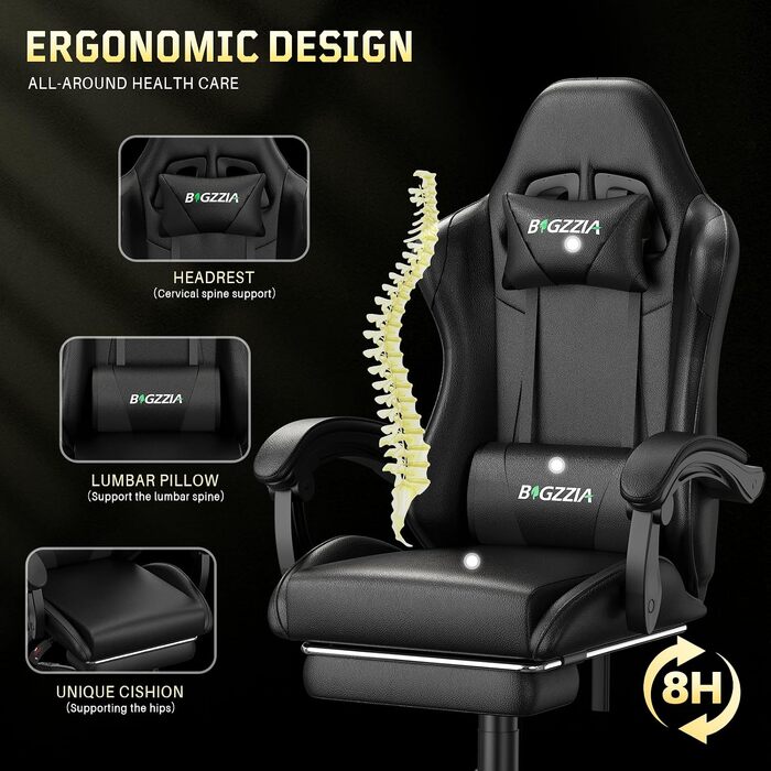 Ігрове крісло Bigzzia Ergonomic Gaming Stuhl з підніжкою та функцією масажу, чорне