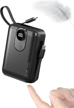 Power Bank 20000mAh з інтегрованим кабелем: швидка зарядка 22.5W, USB C (вхід та вихід), акумулятор для телефону, повербанк з 4 виходами та 2 входами, білий/чорний