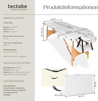 Масажне ліжко Tectake® з 2 зонами, складна, портативна, з 5 см підкладкою, регульована висота, для мобільного масажу, масажна банкетка з дерев'яними ніжками та аксесуарами (сумка-переноска) - без масажних роликів, білий