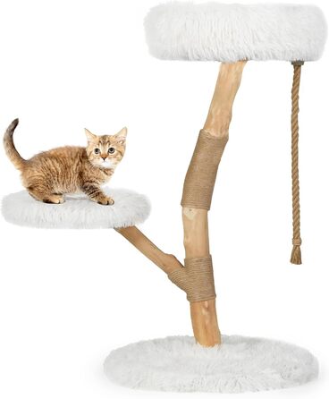 Дерев'яний кігтеточки для котів COSTWAY 90 см, 3-ярусний, з плюшем, джутовим мотузком, білий + натуральний колір