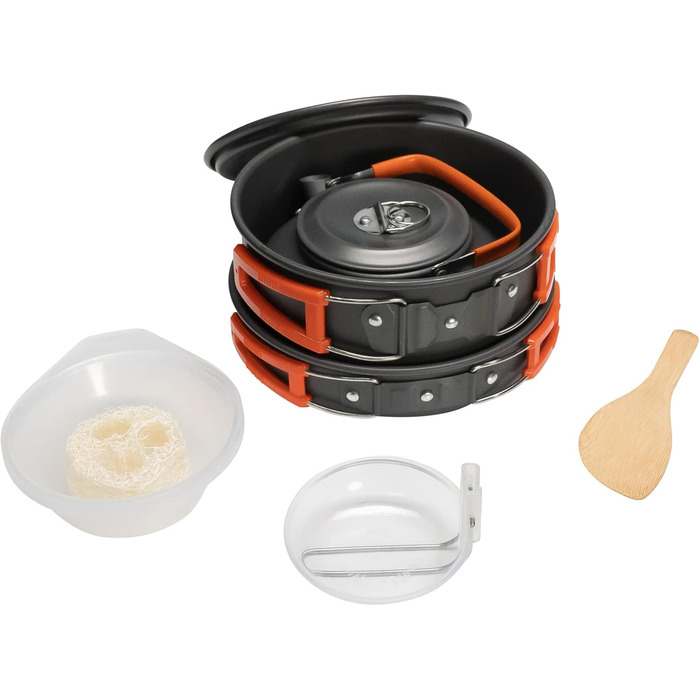 Набір кухонного посуду Grafner Premium Camping 11-ти частинний: стабільний алюміній з антипригарним покриттям, компактний, з розкладними ручками. Ідеально для кемпінгу, пікніків та подорожей на авто. Включає котел, сковорідку, чайник та інше.