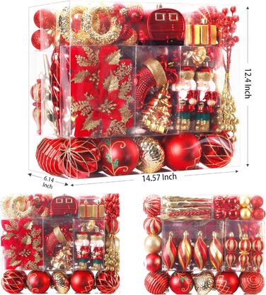Набір прикрас на ялинку Shareconn 135 шт. – міцні ялинкові кулі з мотузкою, різні розміри та дизайни, декор для ялинки (червоний, зелений, золотий)