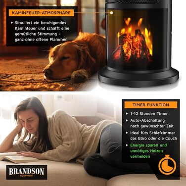Електричний обігрівач Brandson з ефектом каміна: тихий, енергоефективний, з дистанційним керуванням, таймером, для ванної, вітальні, офісу, дитячої кімнати (чорний)
