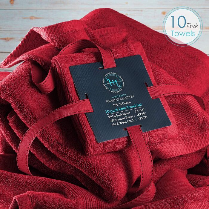 Набір рушників для ванної Hearth & Harbor, 100% бавовна, 10 шт, червоні, м'які та дуже вбираючі, розкішні банні рушники, 2 банних, 2 для рук, 6 серветок