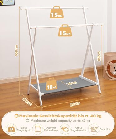 Дитяча вішалка для одягу Yorbay з бамбука, подвійна регульована штанга, полиці для зберігання, біла