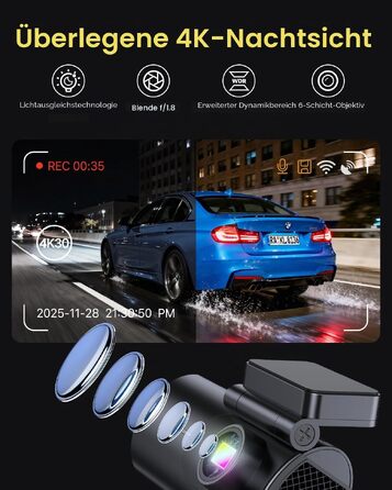 Автомобільний відеореєстратор GKU 4K+1080P (передній та задній), 5GHz WiFi, з картю пам'яті 64GB, глянцевий чорний
