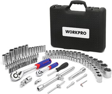 Набір торцевих ключів WORKPRO 108 предметів, набір інструментів для авто, тріскачки 1/4'' і 1/2'', біти, кейс