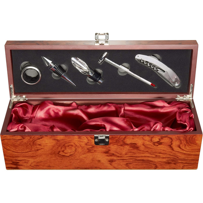 Набір аксесуарів для бару BRUBAKER 6-в-1 з ящиком для вина - дизайн з благородного дерева - набір сомельє з нержавіючої сталі з виливальником + пробкою + термометром для вина + кільцем від крапель - подарунковий набір сріблястого кольору