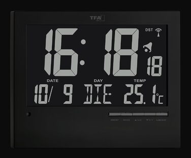 TFA Dostmann Digital Radio Clock with Automatic Backlight, with Indoor Temperature, Date, Day of the Week, Black, 60.4508, L 230 x W 31 (80) x H 185 mm