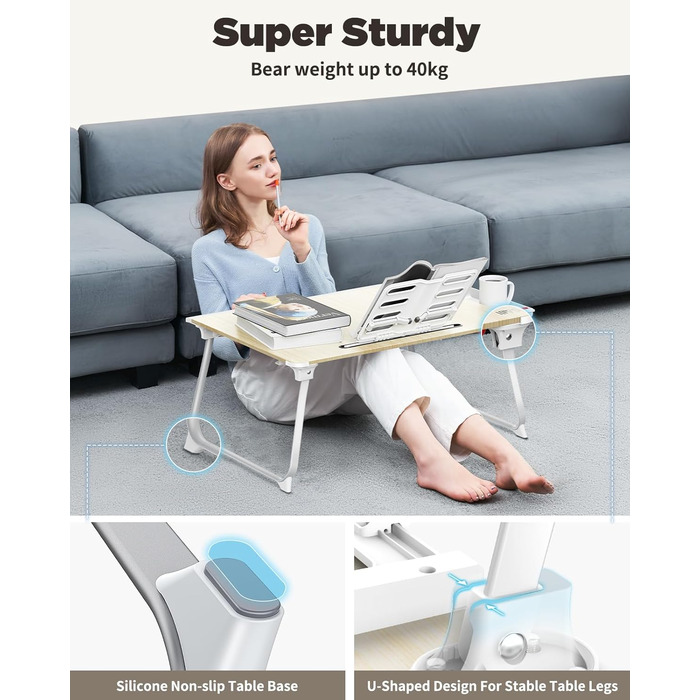 SAIJI Стіл-таблетка для ноутбука, розкладний XXL, з ящиком та підставкою для книг/телефону (65 x 49 x 30 см, Light Teak)