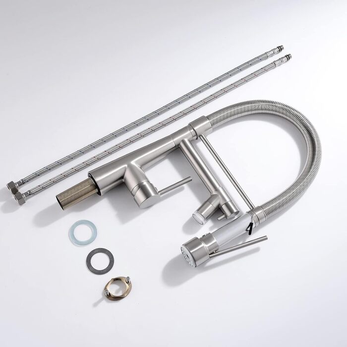 LED кухонний змішувач з спіральною пружиною, поворотний на 360°, з двома виливами, висувний, для кухні, з душем, високий тиск, з матовим нікелем