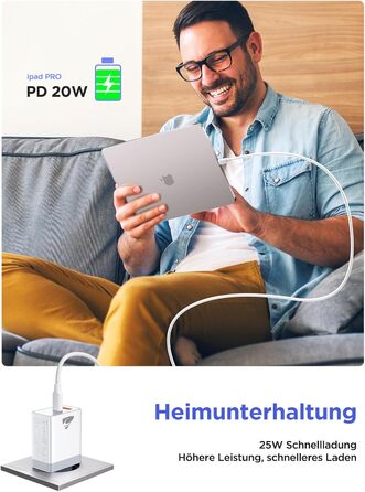 Зарядний пристрій USB C з двома портами, 20W, PD 3.0, Power Adapter з кабелем USB C - USB C 2м, для iPhone, Samsung та інших смартфонів, білий