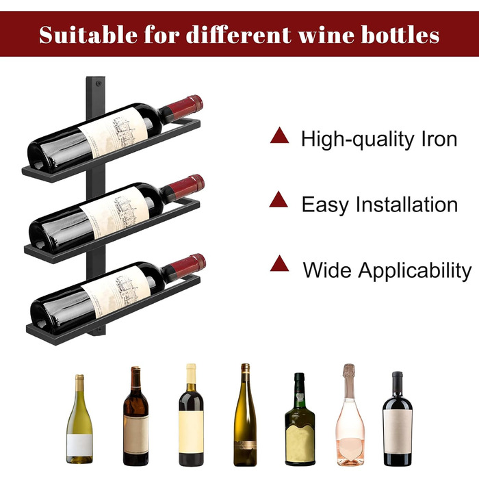 Wine Rack Bottle Rack for 6 Bottles, Metal Wine Rack Hanging Wall Mount Wine Bottle Shelves, Wall Shelf Wine Storage Shelf for Kitchen Dining Room Bar (6 Degree Tilt)