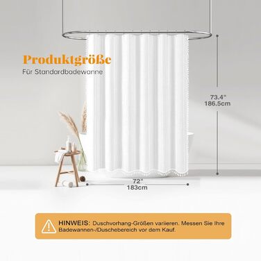 Тканинний душовий завіс BTTN 182 x 200 см, Бохо-фермерський стиль, з кистями, водовідштовхувальний, з вагою, 12 гачків, (Білий, смугастий)