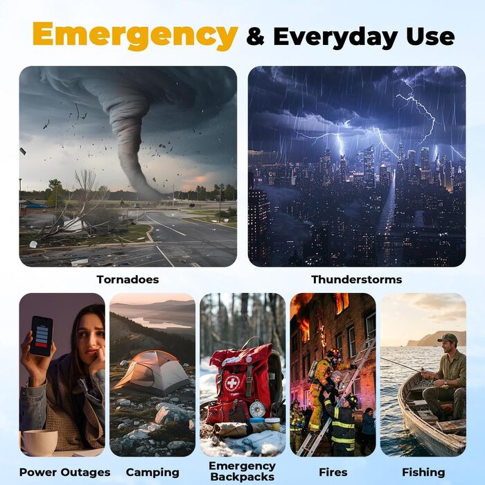 Радіоприймач Esky Kurbelradio з сонячною батареєю, 10000mAh, AM/FM, USB-зарядка, LED-ліхтарик, SOS-сигнал, компас, для кемпінгу та надзвичайних ситуацій, жовтий