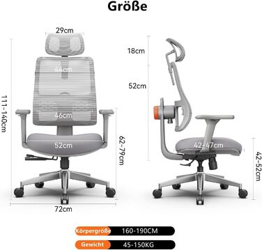 Офісне крісло Newtral MAGICH 003: ергономічне, з підлокітниками та підголівником, до 150 кг, сірого кольору + знімна стільниця