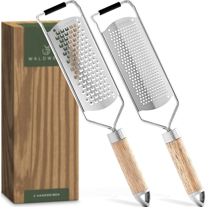 WALDWERK Cheese Grater (2-Piece Set) - Parmesan Grater with Design Wooden Handle - Stainless Steel Zester Grater with Etched Blades - Grater also Suitable as Nutmeg Grater, Lemon Grater, Ginger Grater