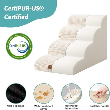 Сходинки для собак маленьких порід 50 см: зручні та безпечні для ліжка, 4 сходинки, матеріал - високощільний губчатий, миючий чохол, антиковзаюче покриття, бежевий колір (40x72x50 см)