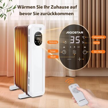 Електричний масляний радіатор Aigostar Cozy 2300W з пультом керування, 11 ребер, термостат, 3 режими, таймер 24г, LED-дисплей, захист від перекидання та перегріву