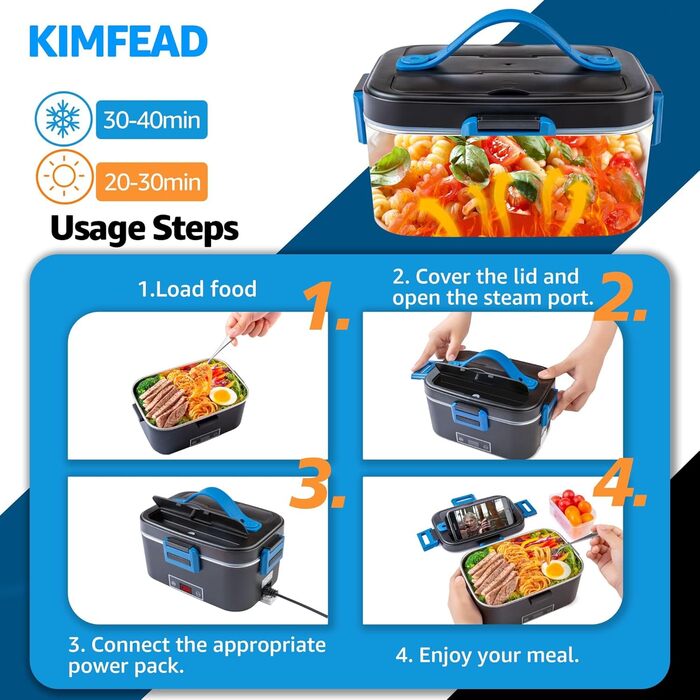 Електрична ланч-бокс Kimfead з індикатором температури, 1.8L, 80W, 12V/24V/230V, з сумкою та столовим прибором, для авто/вантажівки/офісу (синій індикатор температури)