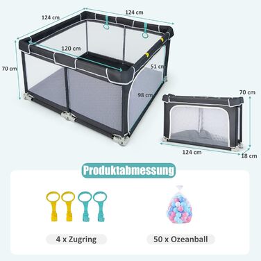 DREAMADE Playpen Baby, 124 x 124 cm Playard Foldable with 50 Play Balls & 4 Pull Rings, Safety Net with Breathable Mesh & Zipper (Dark Grey)