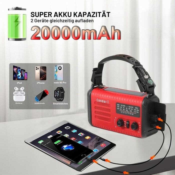 Радіо на сонячній батареї та ручному заводі 20000mAh з USB зарядкою для телефону, AM/FM, погодне радіо, ліхтарик, SOS-сигнал, для кемпінгу та надзвичайних ситуацій (Червоне)