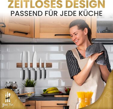 Magnetic Knife Strip, Wood, Self-Adhesive, No Drilling Required - XL Knife Strip for up to 10 Knives - 43x6.2cm - [ROCK SOLID] - Magnetic Knife Block made of Walnut Wood for the Kitchen - Magnetic Knife Holder