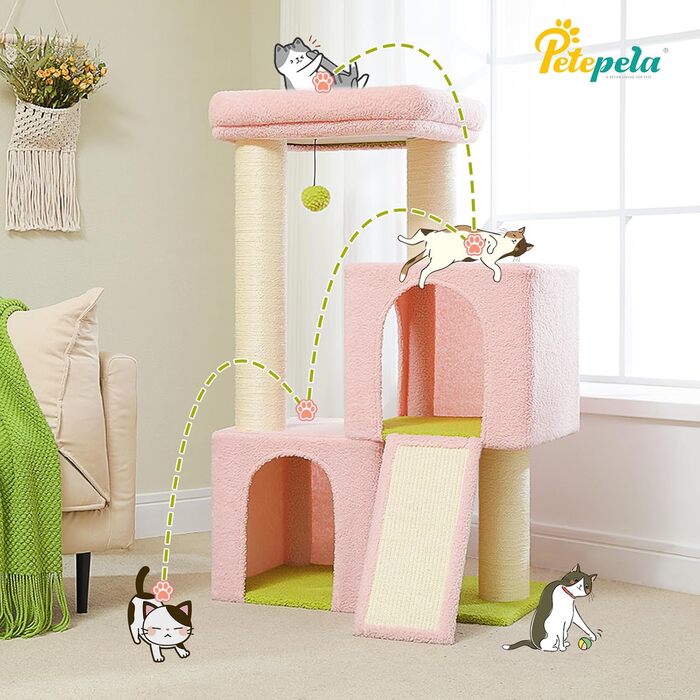 PETEPELA Scratching Post with Dual Condos for Apartment Cats, All-in-One Cat House with Padded Perch, Scratch Ramp and Posts, and Replaceable Balls (Pink, L 113cm)