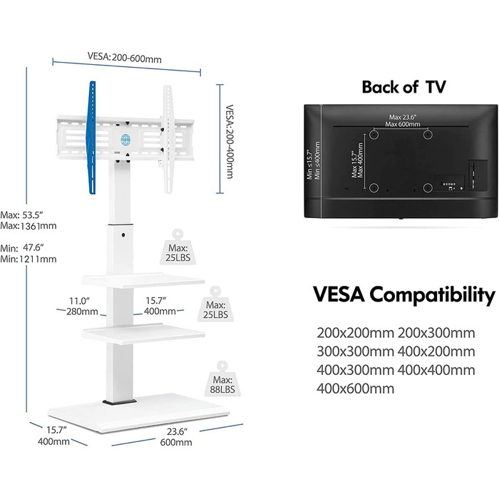 FITUEYES TV Stand White Series-S - 32-65 Inch, 40kg Capacity, Adjustable Height, Swivel & Tilt, 400x600 VESA, 3 Shelves