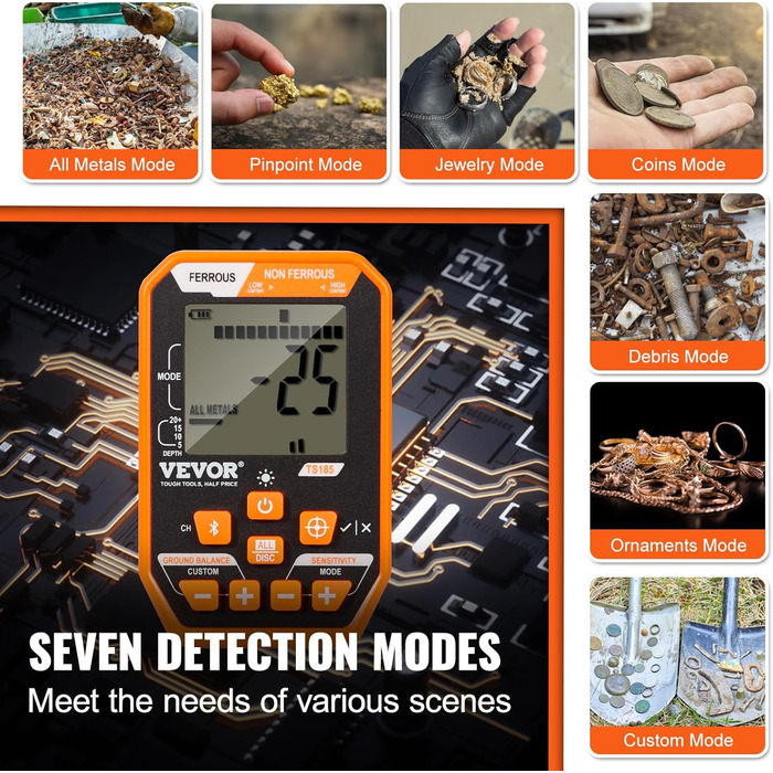 Металодетектор VEVOR Profi: 30 см котушка, 7 режимів, IP68 (до 3 м), пошук золота, Bluetooth-гарнітура, точне визначення місця розташування