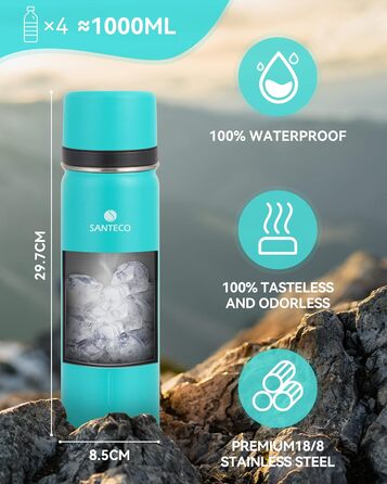 Термос-термокана Santeco з нержавіючої сталі, 1л, 500мл, з антивитіканням, ізольована пляшка з кришкою-чашкою для подорожей, термос для кави та чаю для дітей, спорту, без BPA, 24 години холод & 12 годин гарячий (зелений джунглів, 1000 мл)