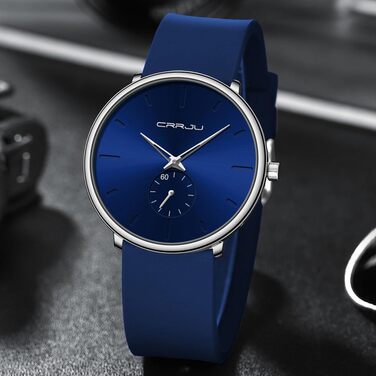 Годинник чоловічий CRRJU з силіконовим ремінцем, ультратонкий, водонепроникний, мінімалістичний, спортивний, кварцовий (срібно-блакитний, блакитний)