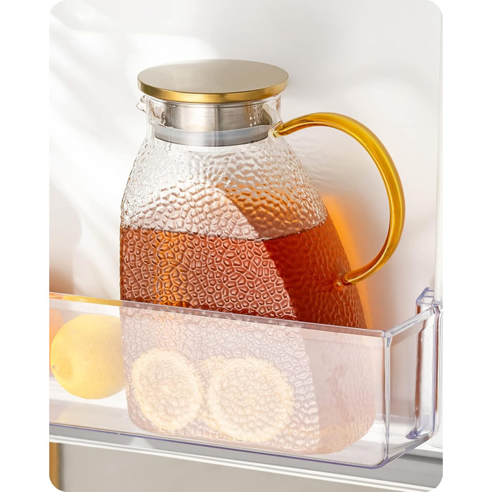 Baffect Water Jug, Glass Carafe with Stainless Steel Lid, Leak-Proof Refrigerator Door Carafe for Hot or Cold Drinks (1.8 L/63 oz.)