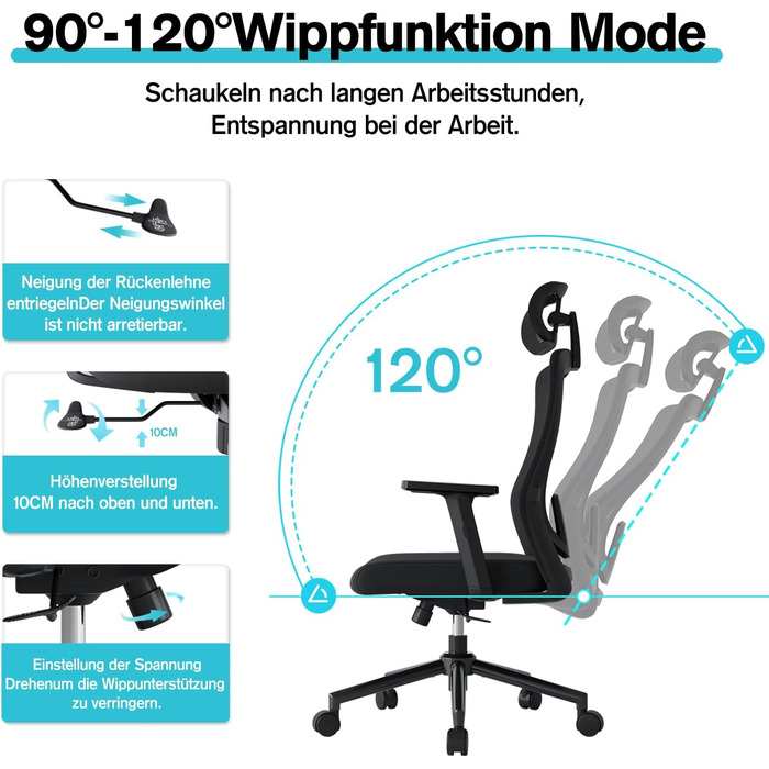 Ергономічне крісло для офісу з регульованою поперековою підтримкою, 2D підголівником та підлокітниками, поворотне, до 150 кг, чорний колір, нейлон