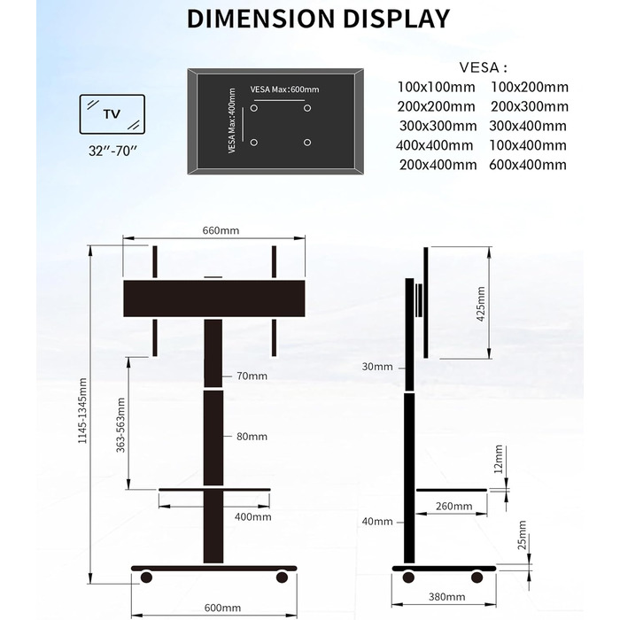 Підставка для телевізора Stellar на колесах з полицею, біла (волоський горіх), для телевізорів 32-70 дюймів, до 45 кг, VESA 600x400