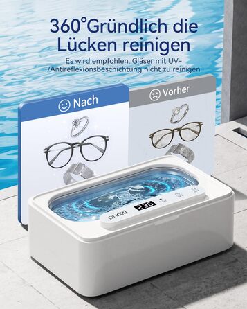 Ультразвуковий очисник Phniti 47 кГц: для окулярів, ювелірних виробів, зубних протезів. 3 режими, портативний, 330 мл, білий