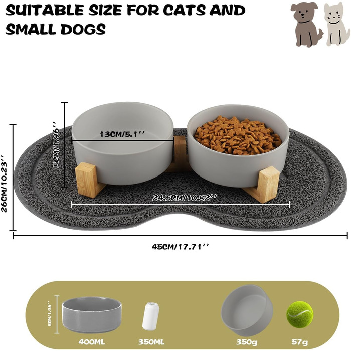Миска для собак з кераміки, 400 мл, подвійна миска для корму, піднята миска для собак з бамбуковим підставкою та нековзним килимком для маленьких та середніх собак (сіра)