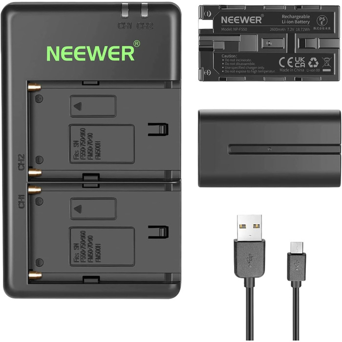 Набір акумуляторів NEEWER NP-F550 та зарядний пристрій (сумісний з Sony NP-F970, F750, F770 та ін.) + LED-ліхтар/монітор/камера Slider (2 шт., чорний)
