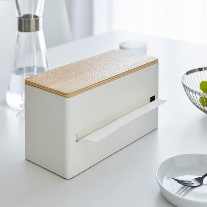 Yamazaki 4766 RIN Double-Sided Tissue Box, white, steel/plywood, minimalist, 26 x 11 x 14 cm