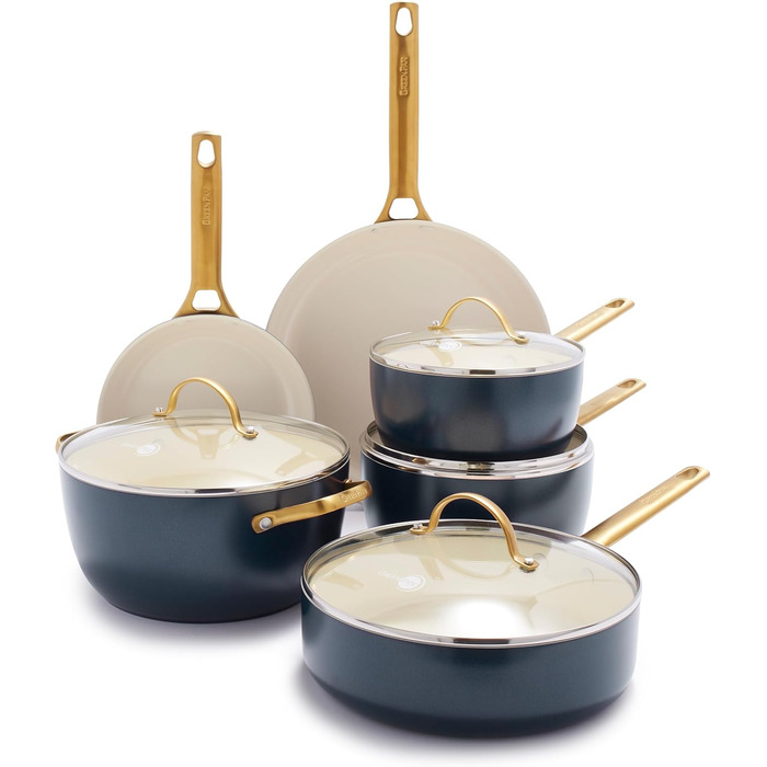 GreenPan Reserve Hard Anodized Healthy Ceramic Nonstick 10 Piece Cookware Pots and Pans Set, Gold Handle, PFAS-Free, Dishwasher Safe, Oven Safe, Twilight Blue (Klein Blau)