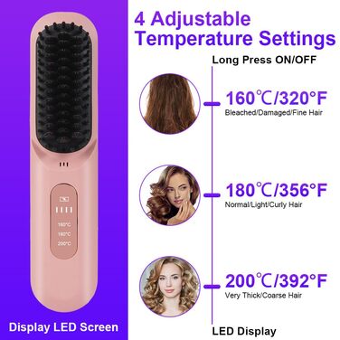 Бездротова випрямляч для волосся LOPHE з LED-дисплеєм, 3 температурні режими, акумулятор, для випрямлення волосся та бороди, білий (рожевий)