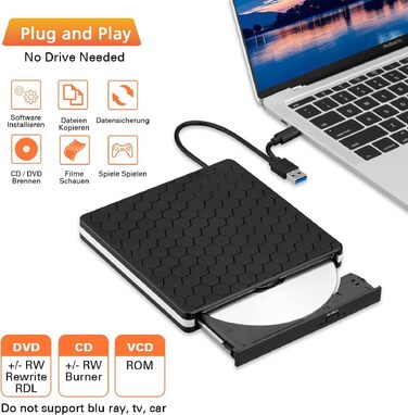 Зовнішній DVD-накопичувач Amicool USB 3.0 та Type-C, портативний CD/DVD +/-RW привід для ноутбука, ПК та MacBook (Windows, macOS, Linux)
