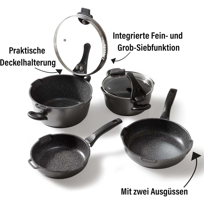 STONELINE Future Induction, 8-piece cookware set with sieve lids, cooking pot set coated with real stone particles, cast aluminum pots and pans suitable for all cooktops