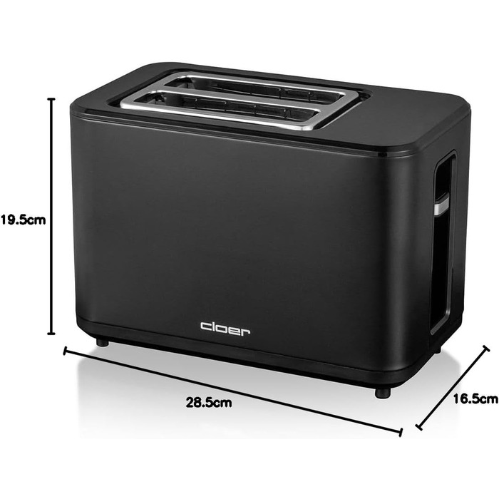 Тостер Cloer 3930 цифровий на 2 тости, сенсорне управління, 750-900 Вт, відлік часу, розморожування, підігрів, насадка для булочок, 7 режимів підсмажування, знімний лоток для крихт, чорний