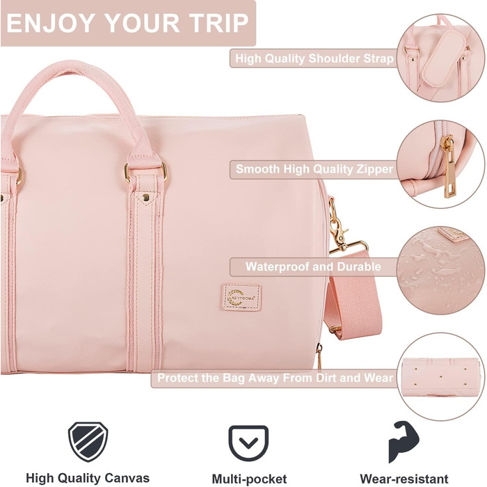 Seyfocnia Convertible Garment Bag for Women, Leather Garment Bags for Travel with Shoe Bag, 2-in-1 Hanging Travel Bags (Pink)