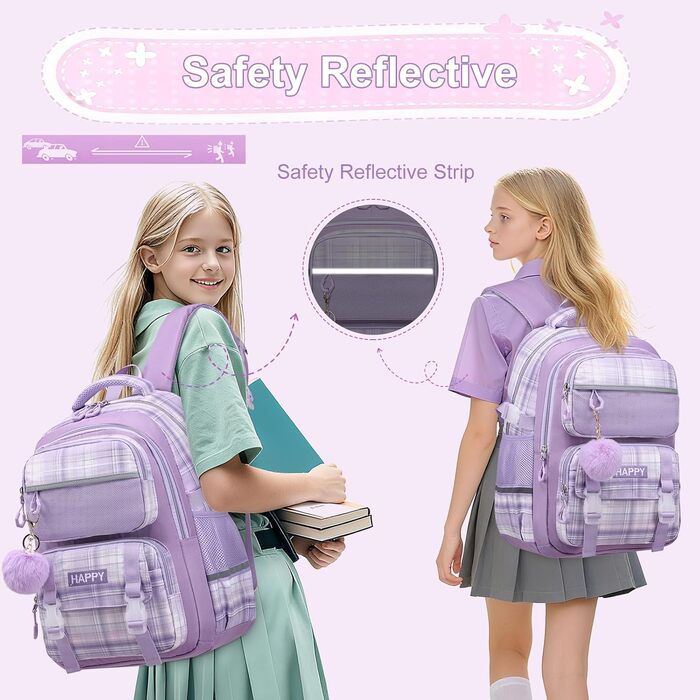 Шкільний рюкзак для дівчаток з візерунком, дихаючий та водовідштовхуючий рюкзак для 1-5 класів (рюкзак для дітей + ізольована ланч-торбинка + пенал, фіолетовий)